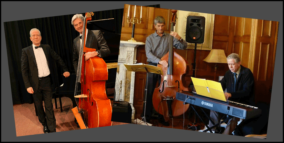 Two images of the duo, one in formal dress, one more casual